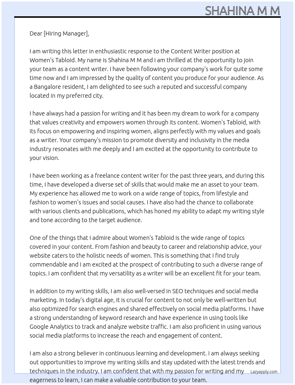 Content writer  At Womens Tabliod Cover Letter