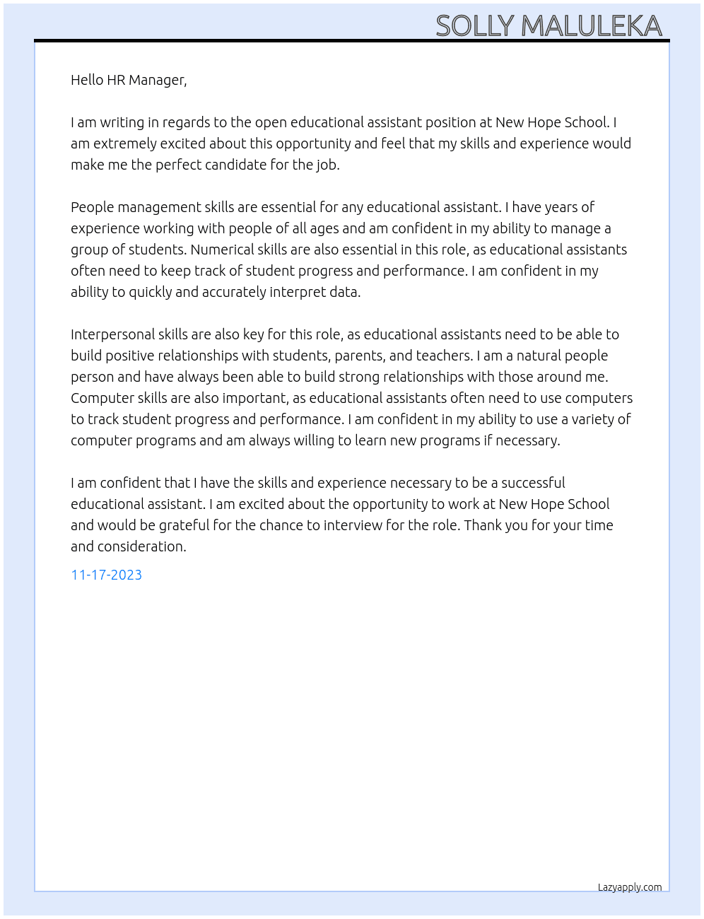 Educational assistant  At New Hope School  Cover Letter