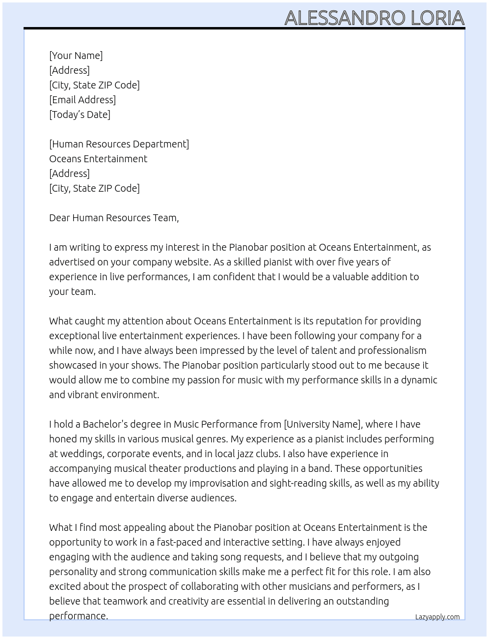 Pianobar At Oceans Entertainment Cover Letter