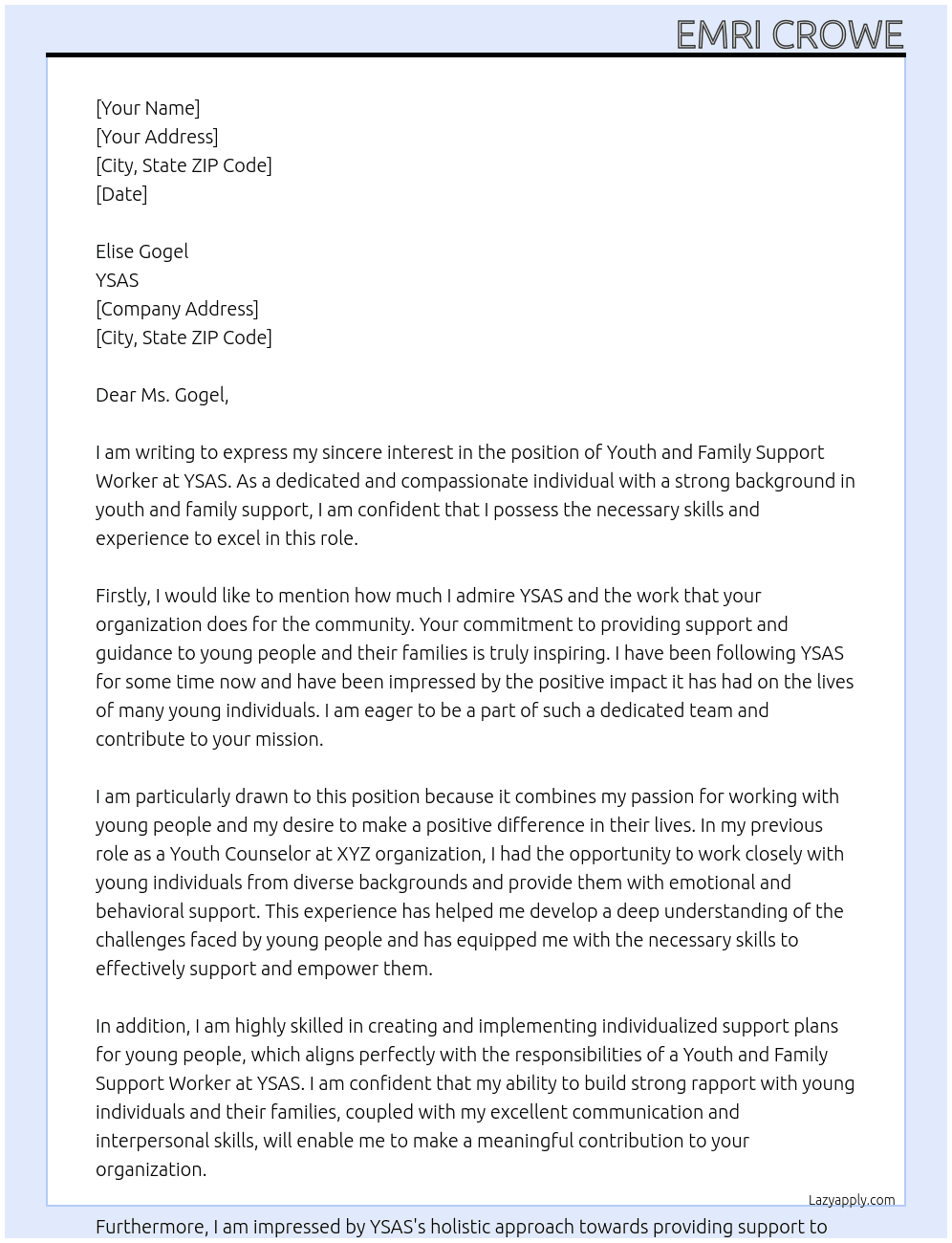 Youth and family support worker At YSAS Cover Letter