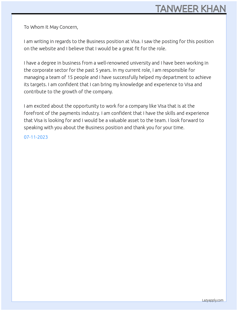 BUSINESS  At VISA Cover Letter