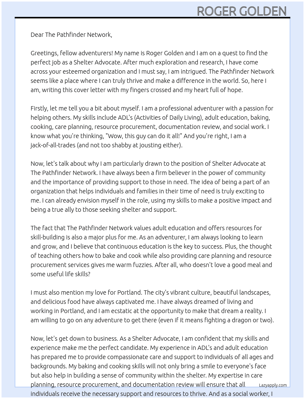 Shelter Advocate At The pathfinder network Cover Letter