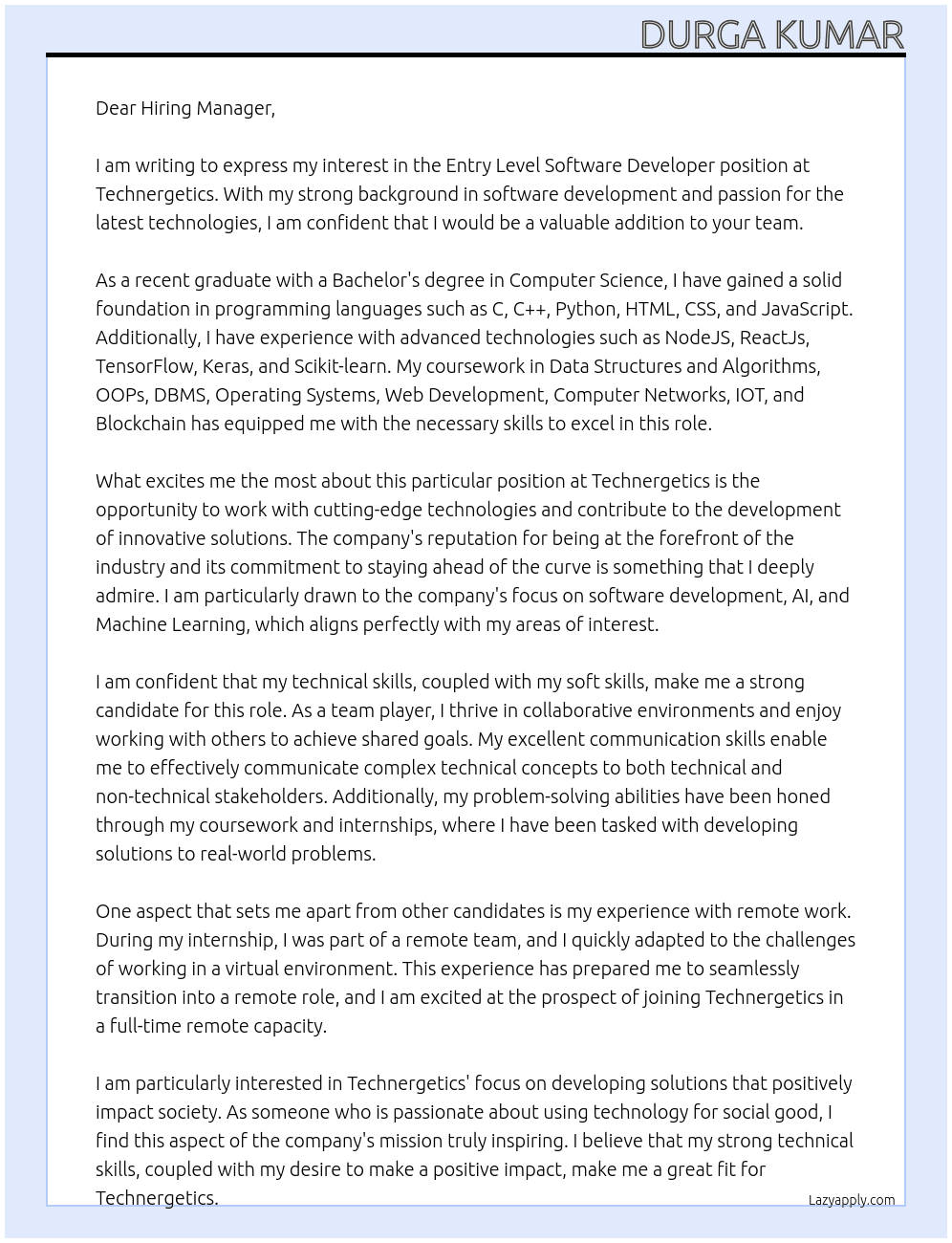 Entry Level Software Developer At Technergetics Cover Letter