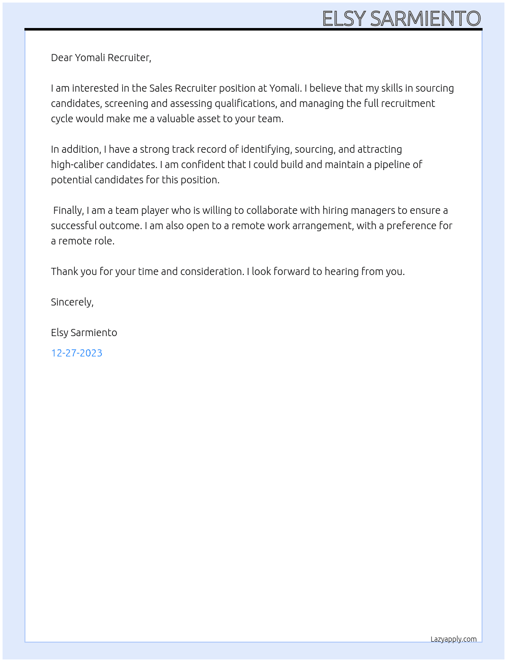 Sales recruiter At Yomali Cover Letter
