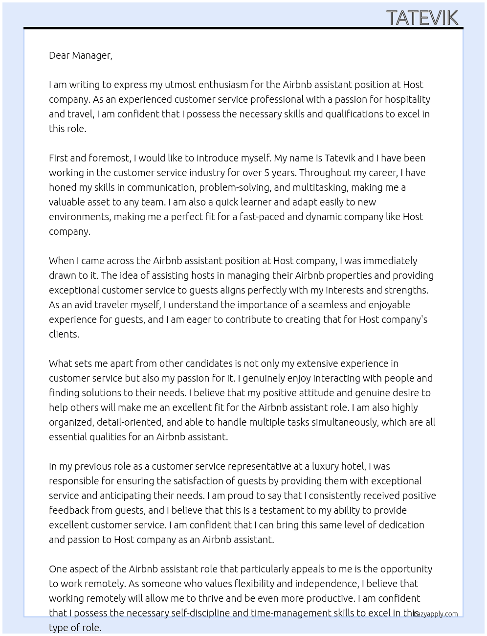 Airbnb assistant At Host company Cover Letter