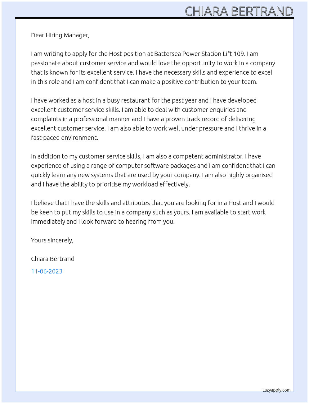 Host At Battersea Power Station Lift 109 Cover Letter