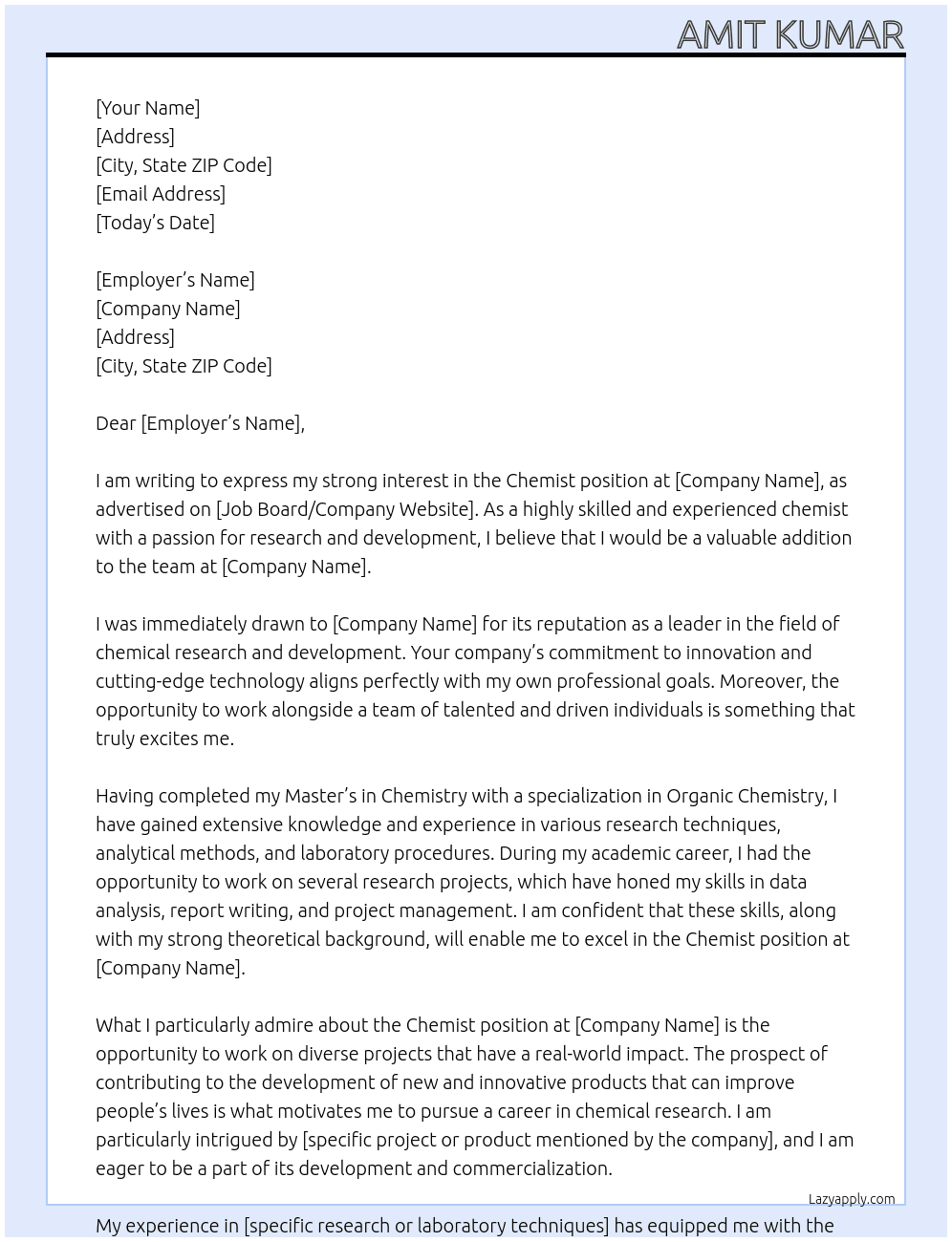 Chemist At Al Taher Cover Letter