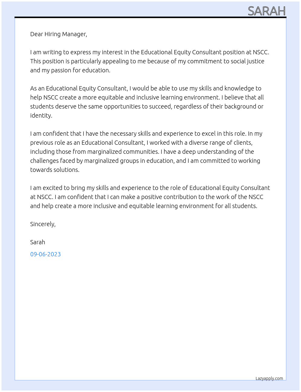 Educational Equity Consultant At NSCC Cover Letter