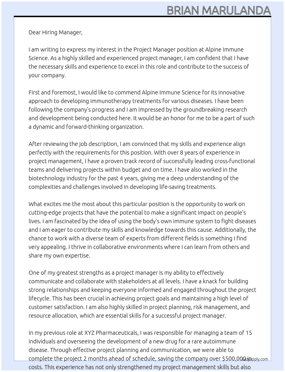 Project Manager At Alpine Immune Science Cover Letter
