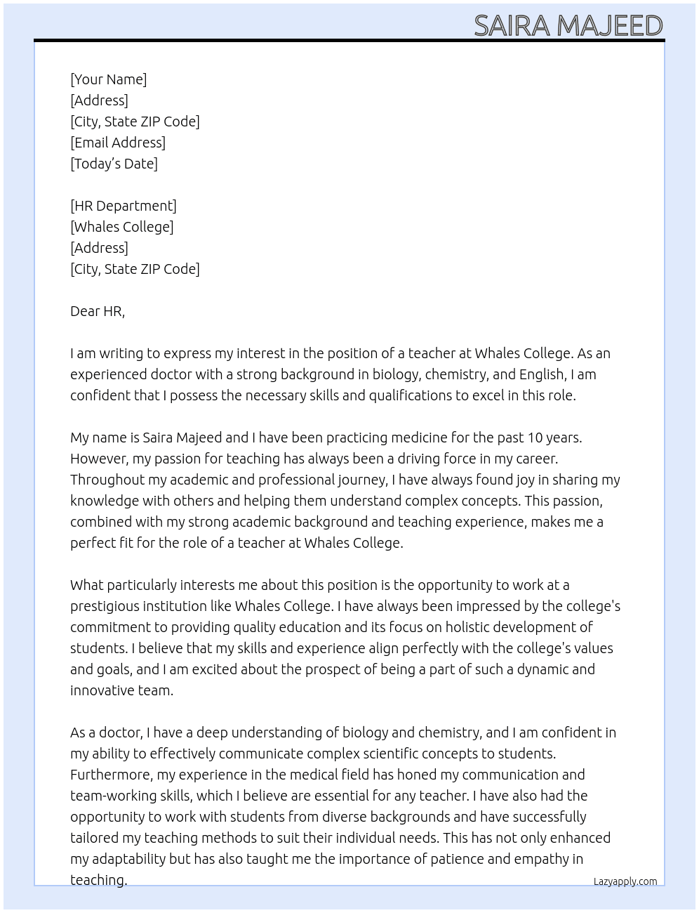 teacher At whales college Cover Letter