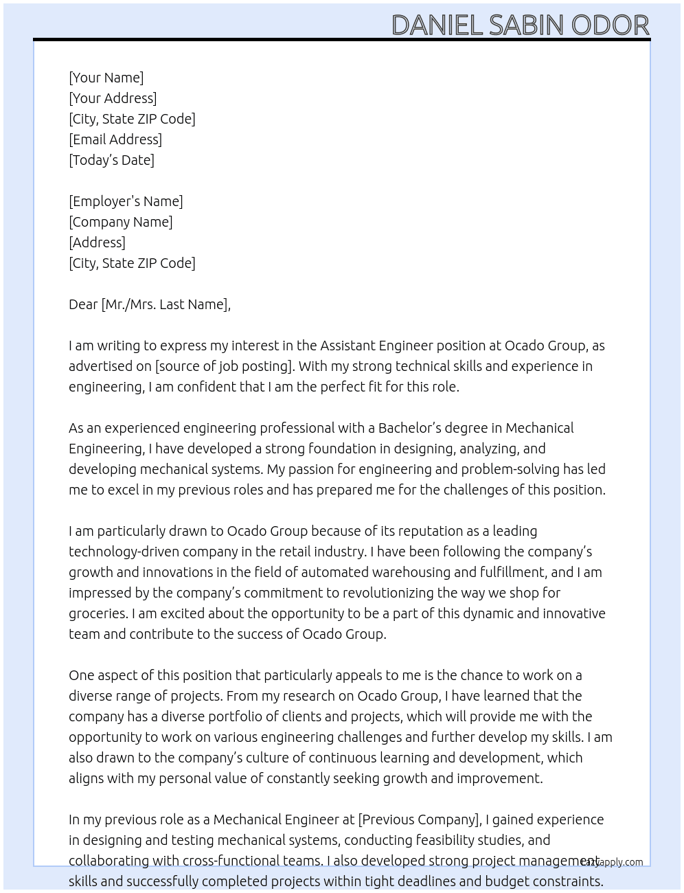 Assistant engineer  At Ocado Group Cover Letter