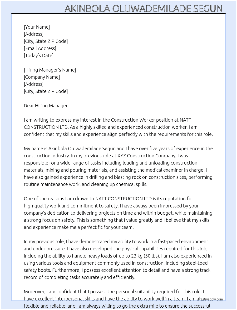 construction worker At NATT CONSTRUCTION LTD Cover Letter