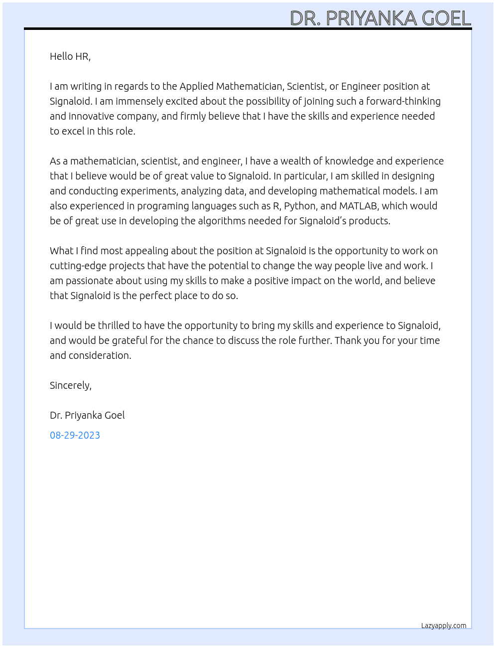 Applied Mathematician, Scientist, or Engineer At Signaloid Cover Letter