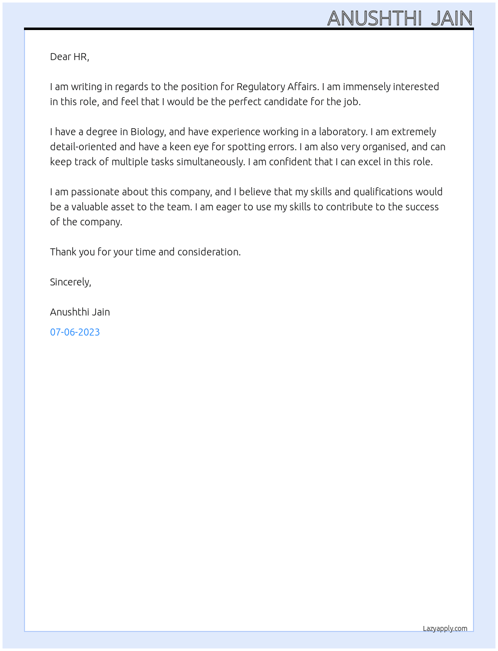 Regulatory affairs At apcl Cover Letter