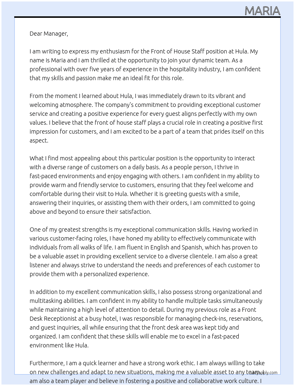 Front of house staff At Hula Cover Letter