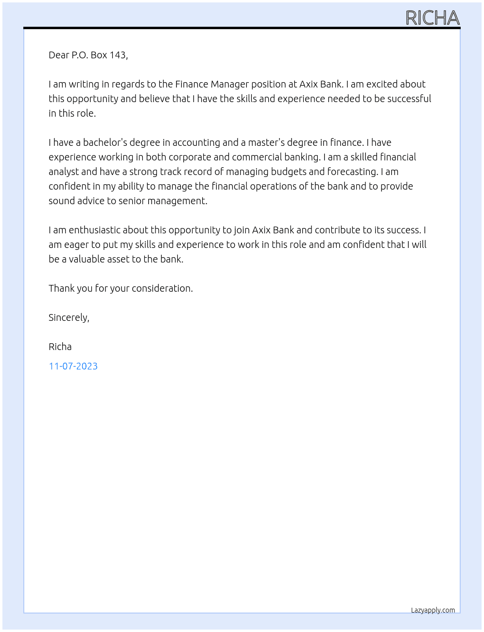 Finance manager At Axix Bank, Pune Cover Letter