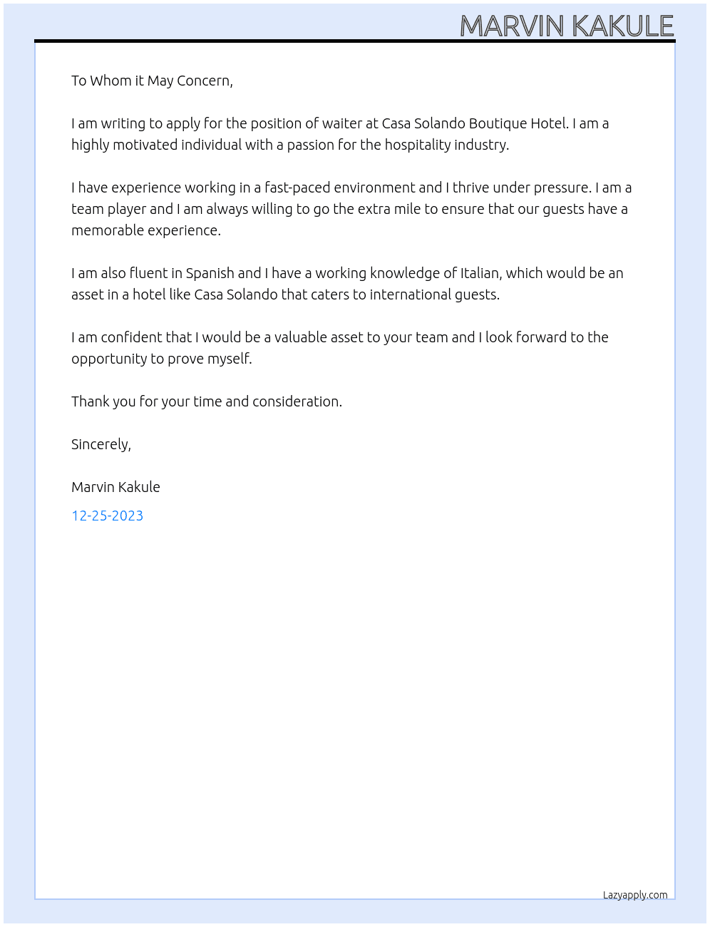 Waiter At Casa solando Boutique Hotel Cover Letter