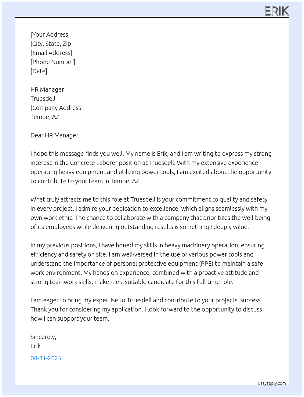 Concrete Laborer  At Truesdell Cover Letter