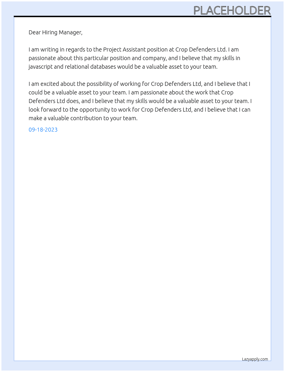 Project Assistant At Crop Defenders Ltd. Cover Letter
