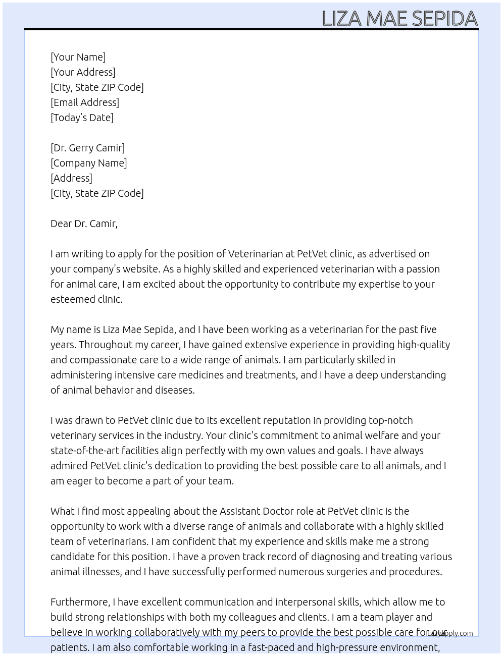 Veterinarian At PetVet clinic Cover Letter