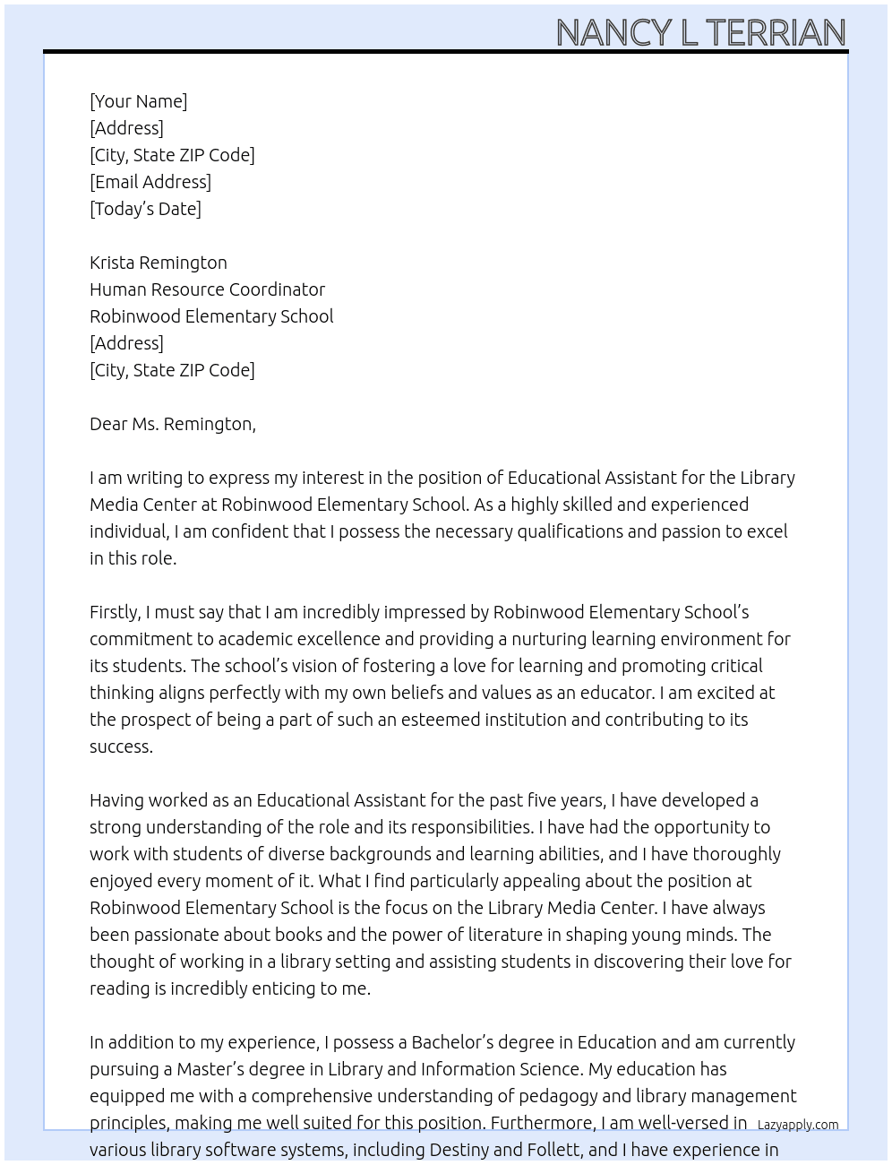 Educational Assistant Library Media Center At Robinwood Elementary School Cover Letter