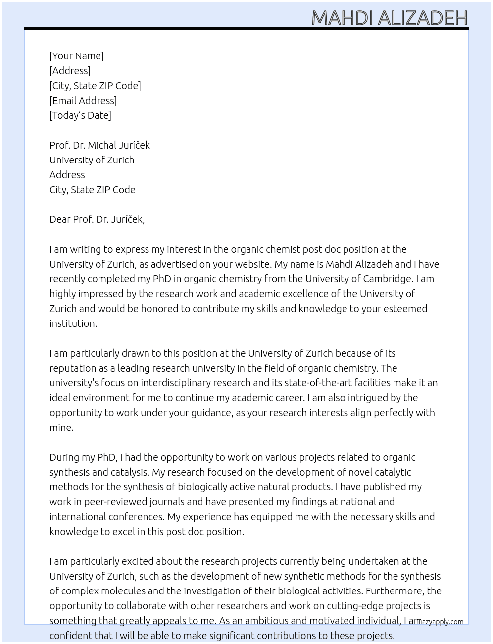organic chemist post doc At University of Zurich Cover Letter