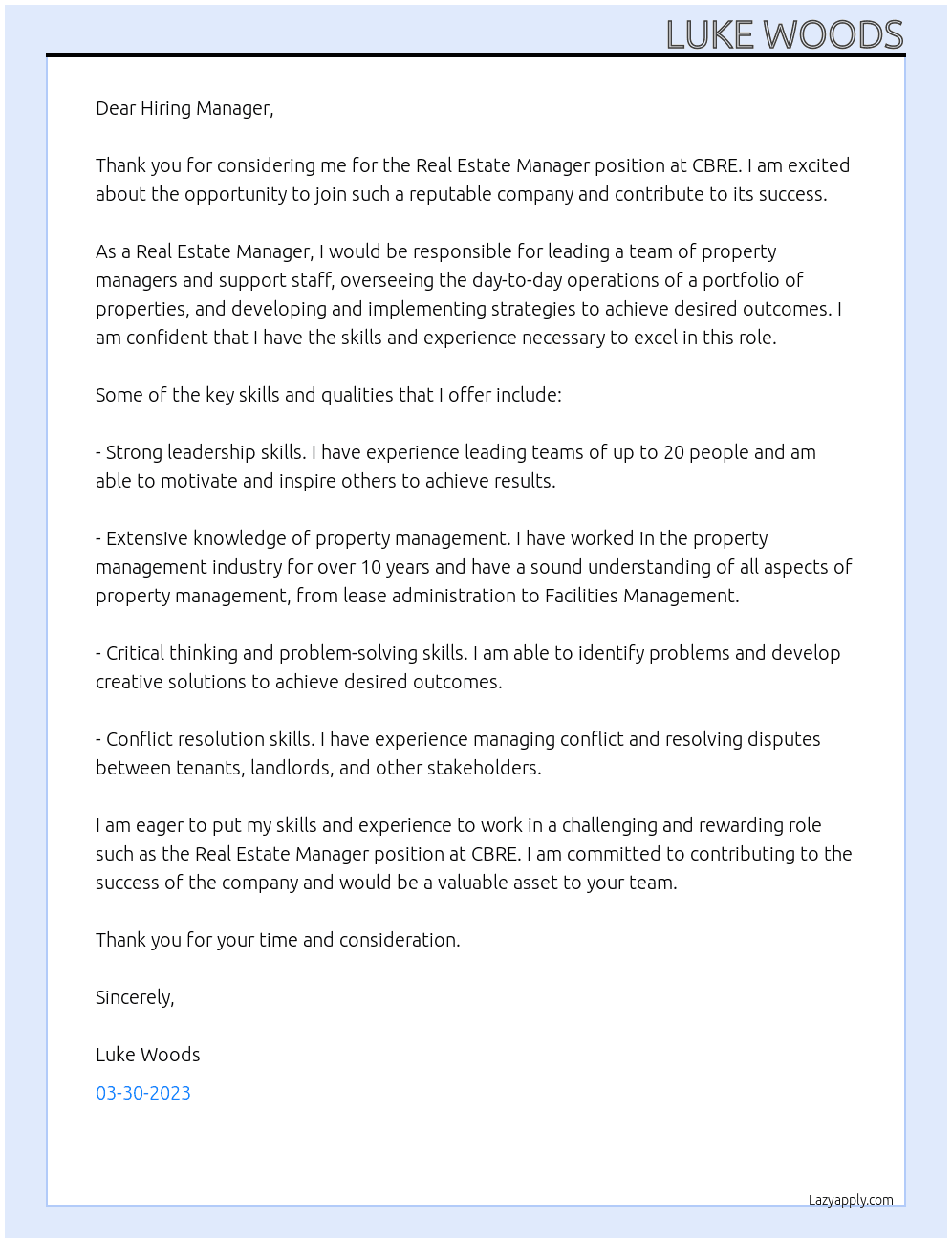 Real Estate Manager At CBRE Cover Letter