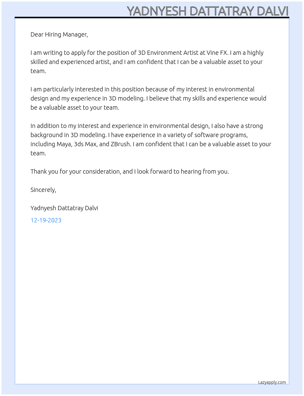 3D Environment Artist At Vine FX Cover Letter