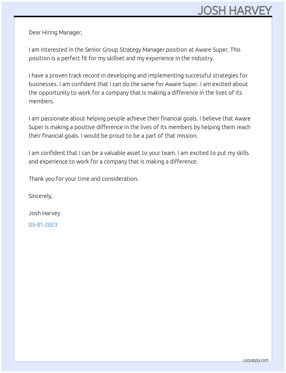 Senior Group Strategy Manager At Aware Super Cover Letter