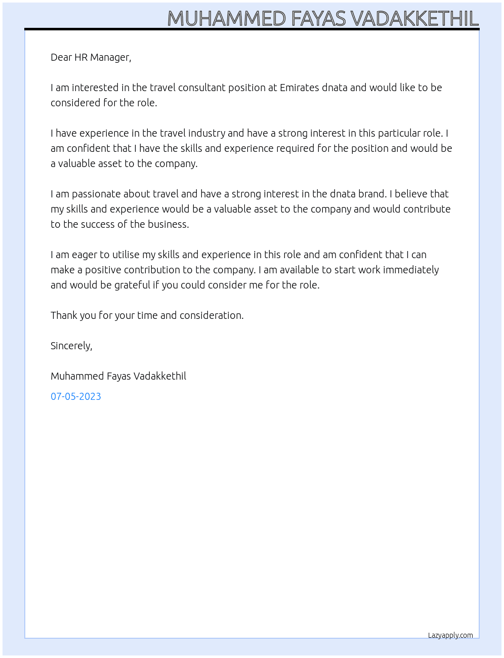 Travel consultant At Emirates dnata Cover Letter