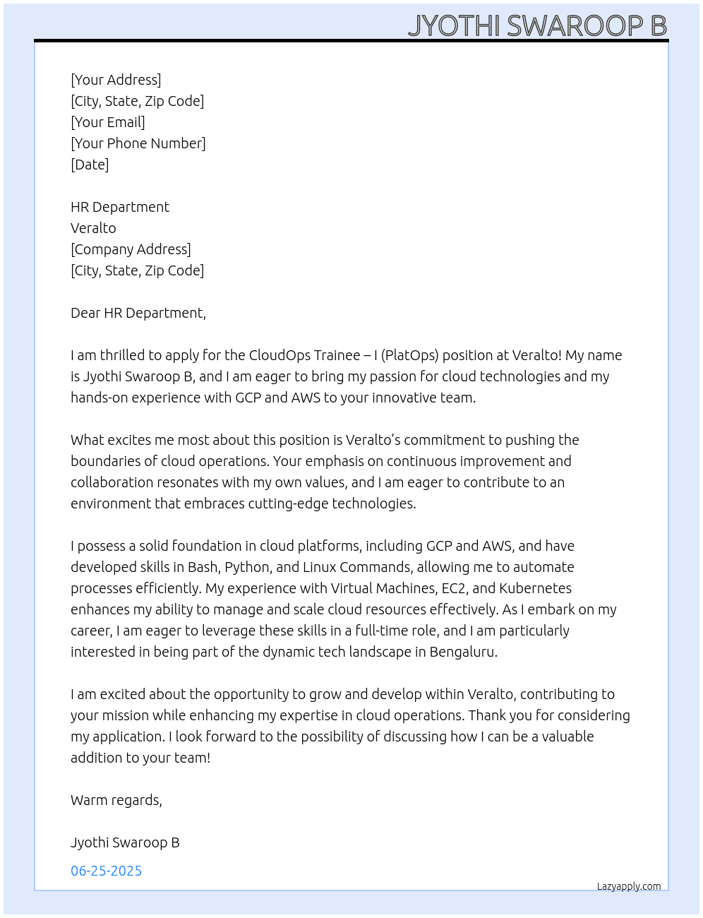 CloudOps Trainee – I (PlatOps) At Veralto Cover Letter