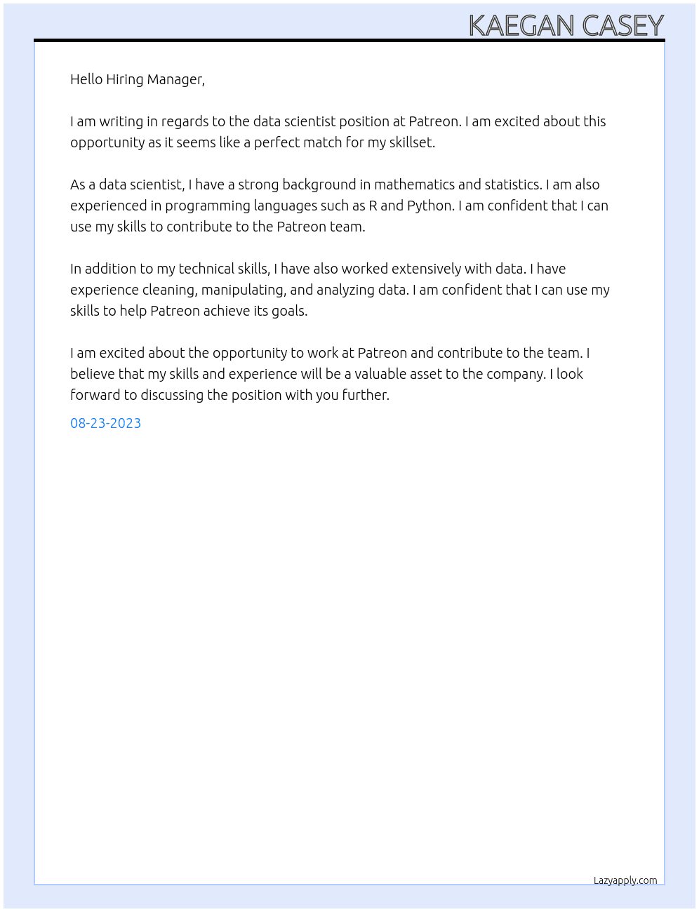 data scientist At Patreon Cover Letter
