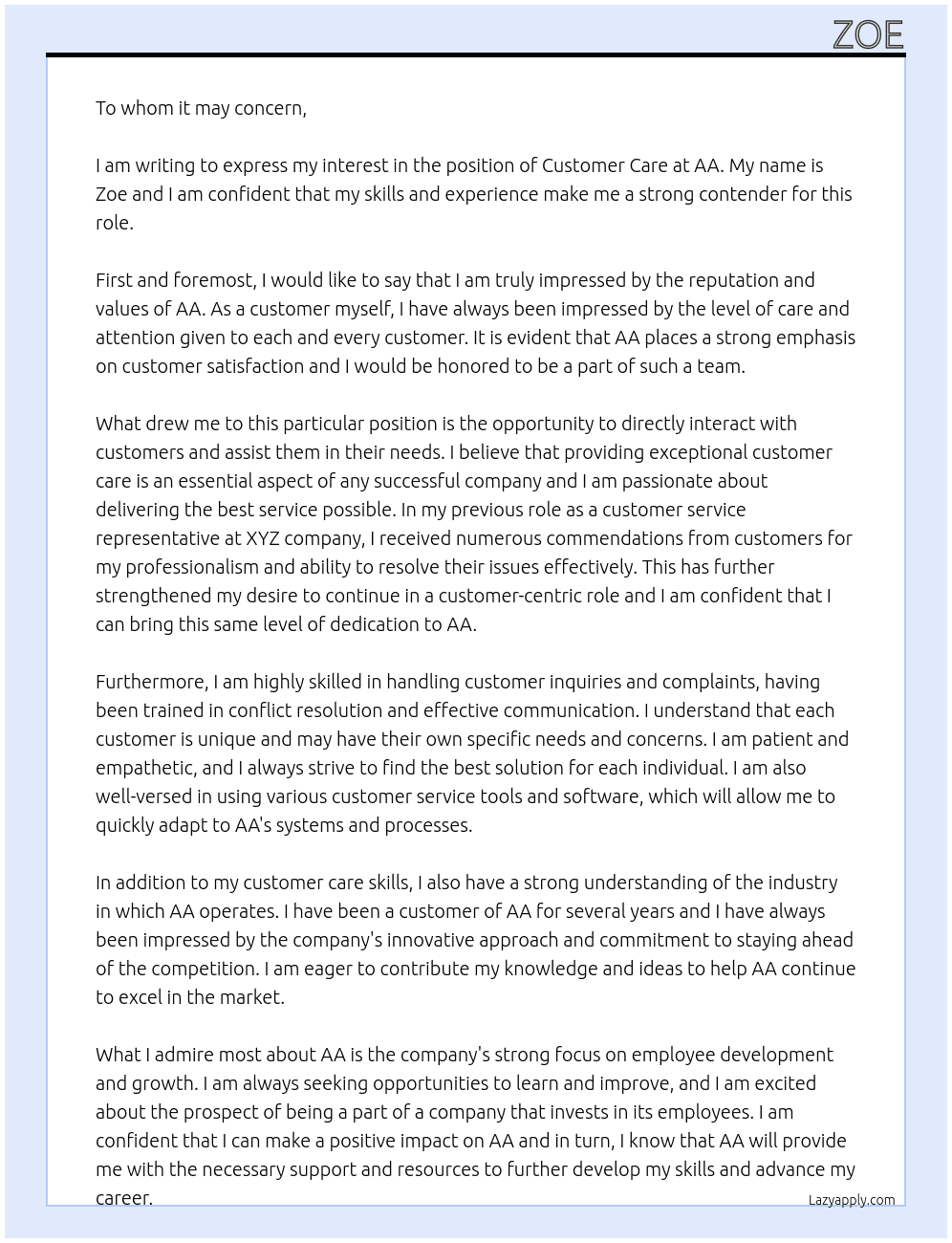 Customer care At AA Cover Letter