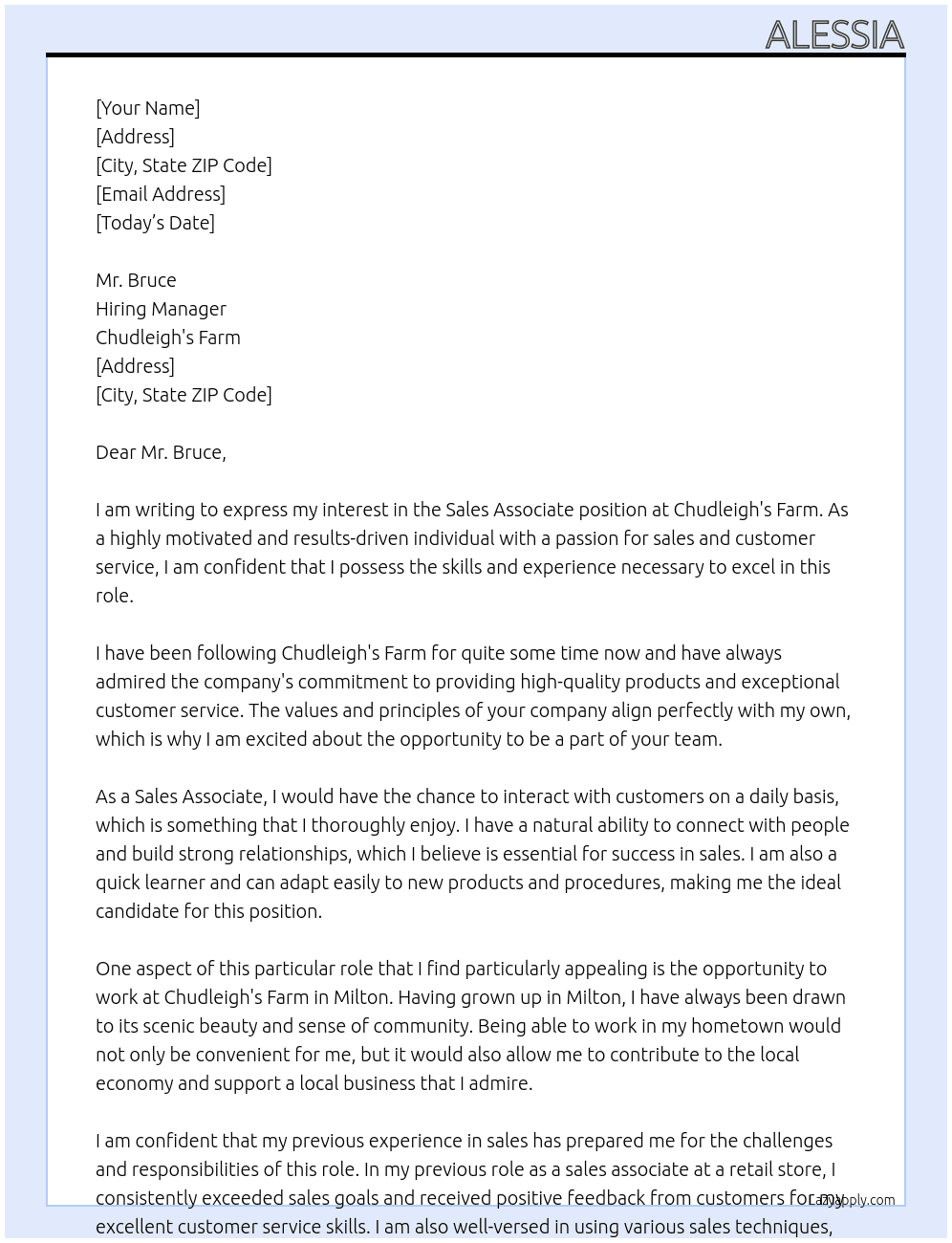 Sales associate At Chudleigh's Farm Cover Letter