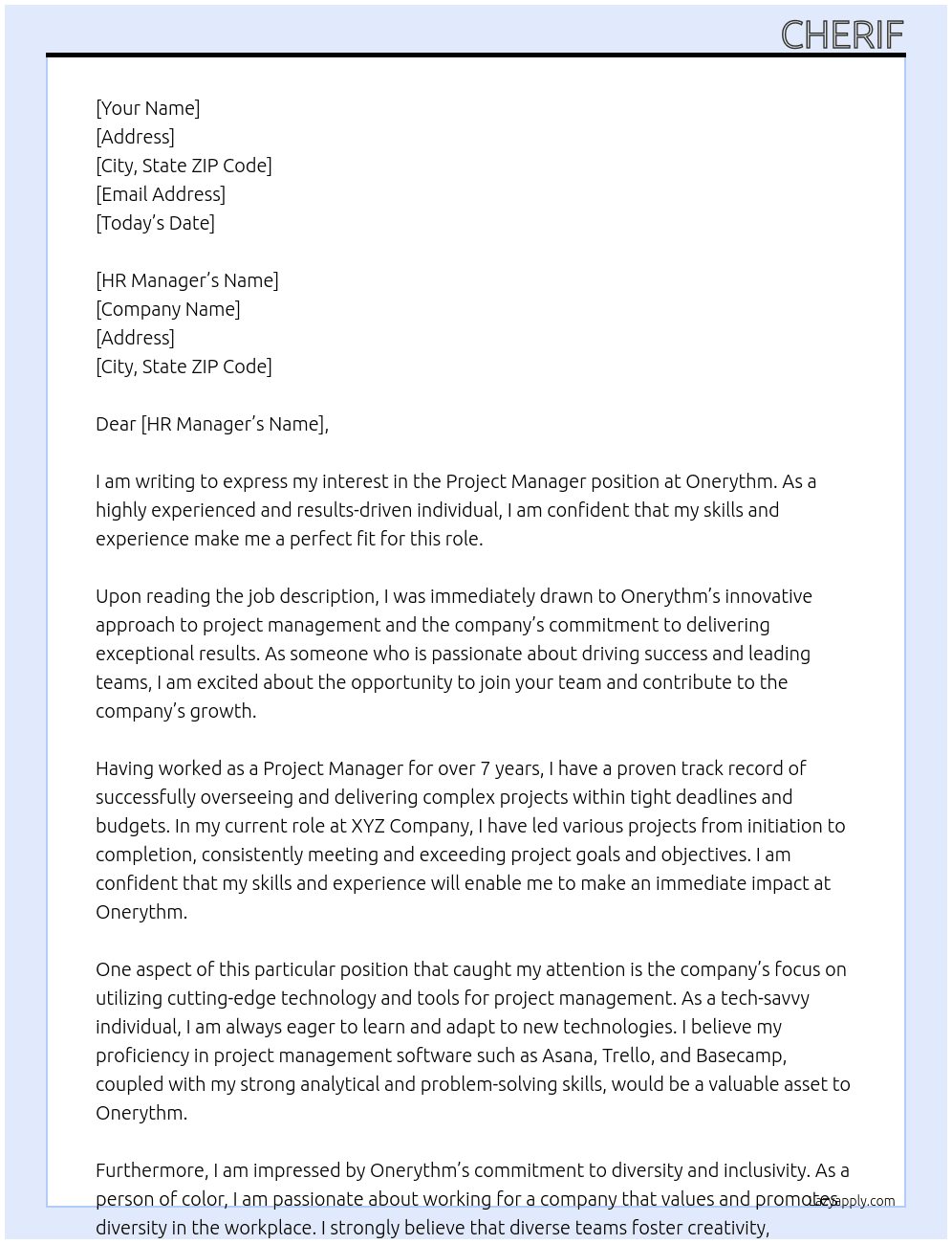 Project manager At Onerythm Cover Letter