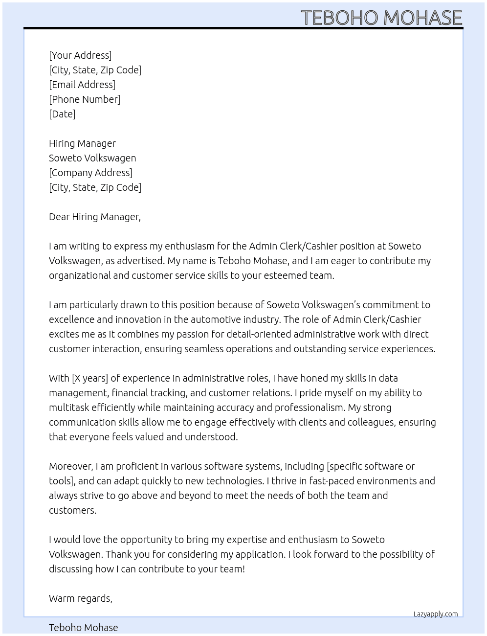 Admin clerk/cashier At Soweto Volkswagen  Cover Letter