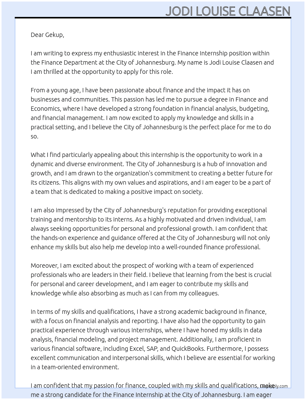 Finance internship At City of Johannesburg Cover Letter