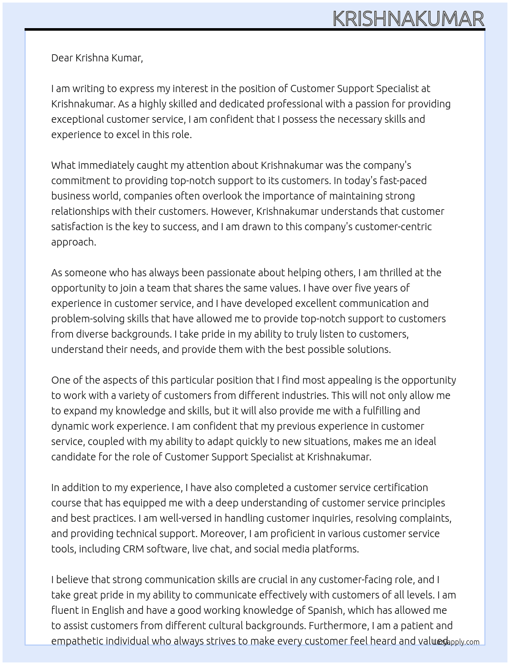 Customer support specialist  At Krishnakumar Cover Letter