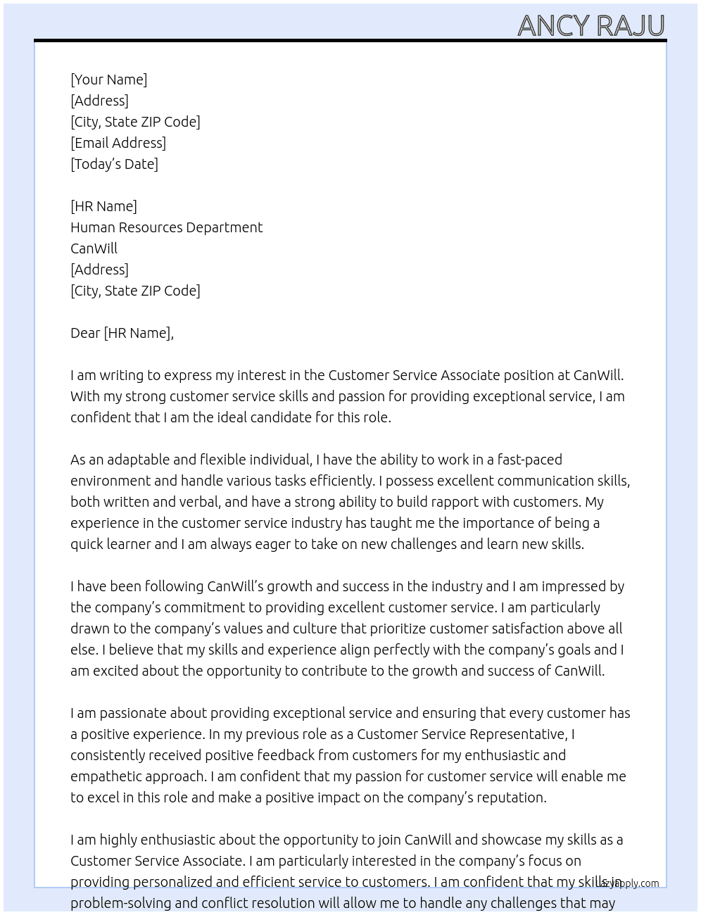 Customer service associate At CanWill Cover Letter