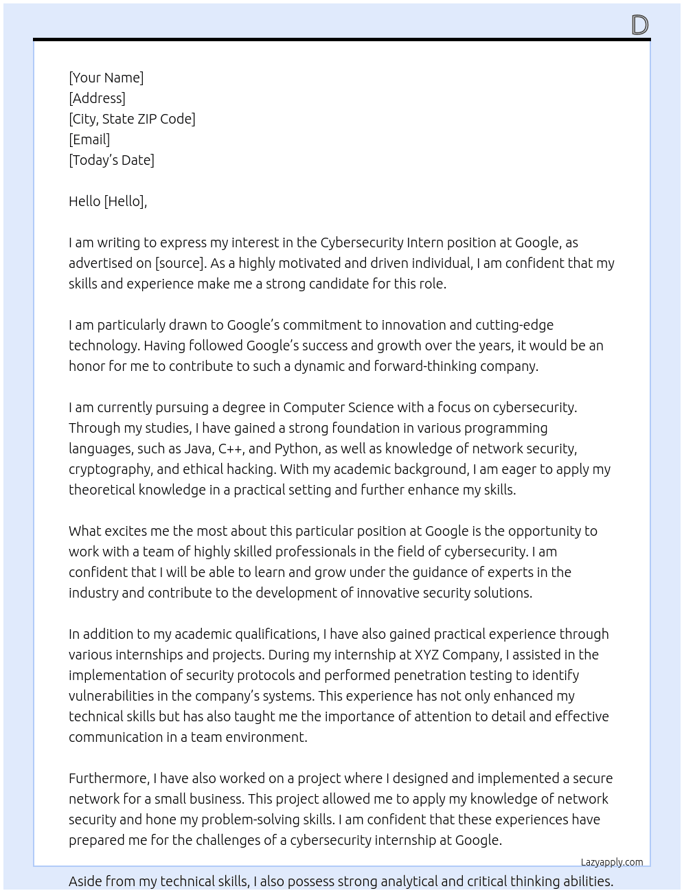 Cybersecurity Intern At google Cover Letter