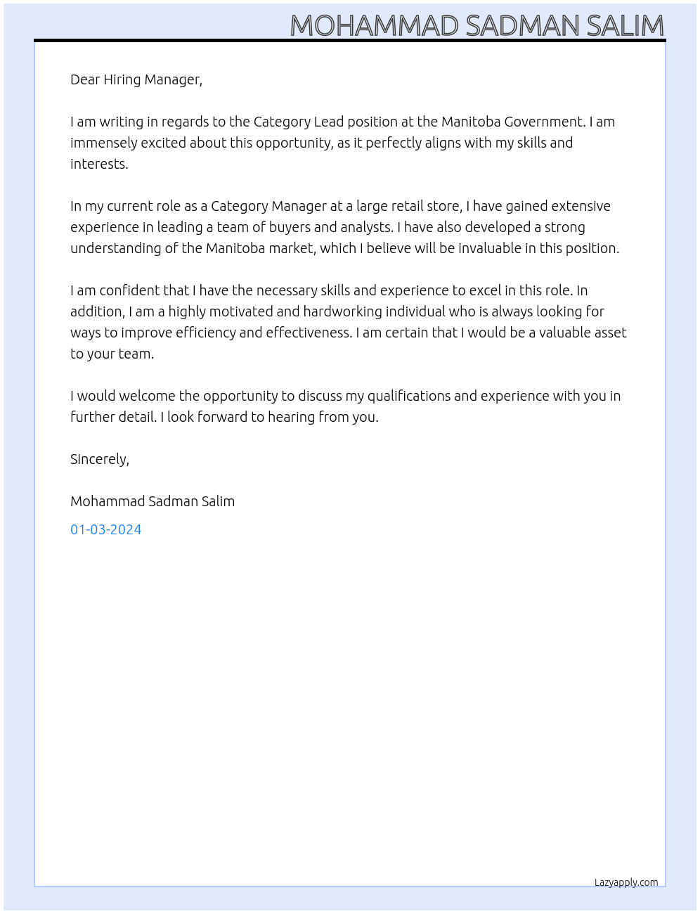 Category Lead At Manitoba Government Cover Letter