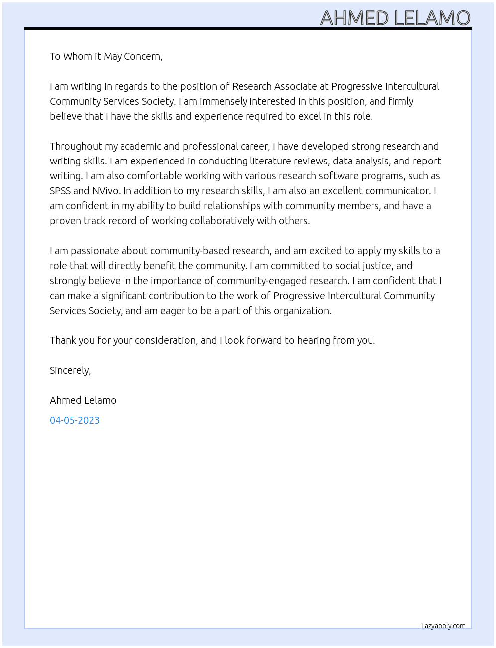 Research Associate At Progressive Intercultural Community Services Society Cover Letter