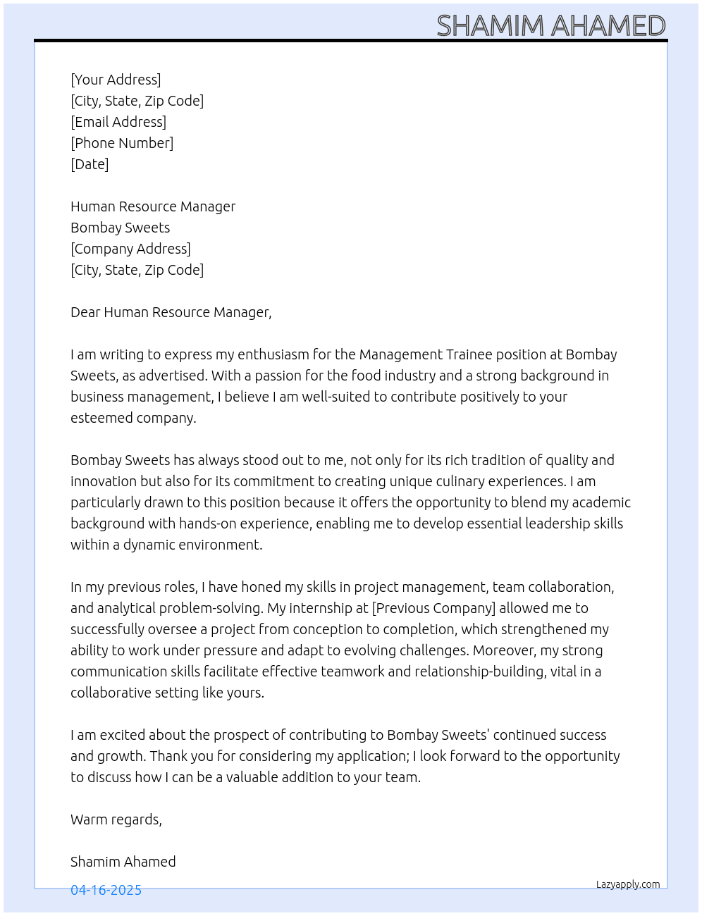 Management Trainee  At Bombay Sweets  Cover Letter