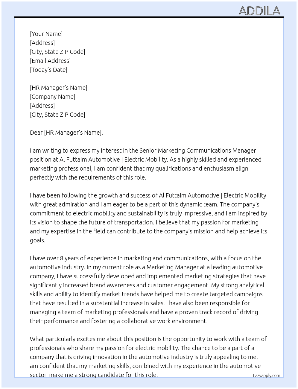 Senior Marketing Communications Manager  At Al Futtaim Automotive | Electric Mobility Cover Letter