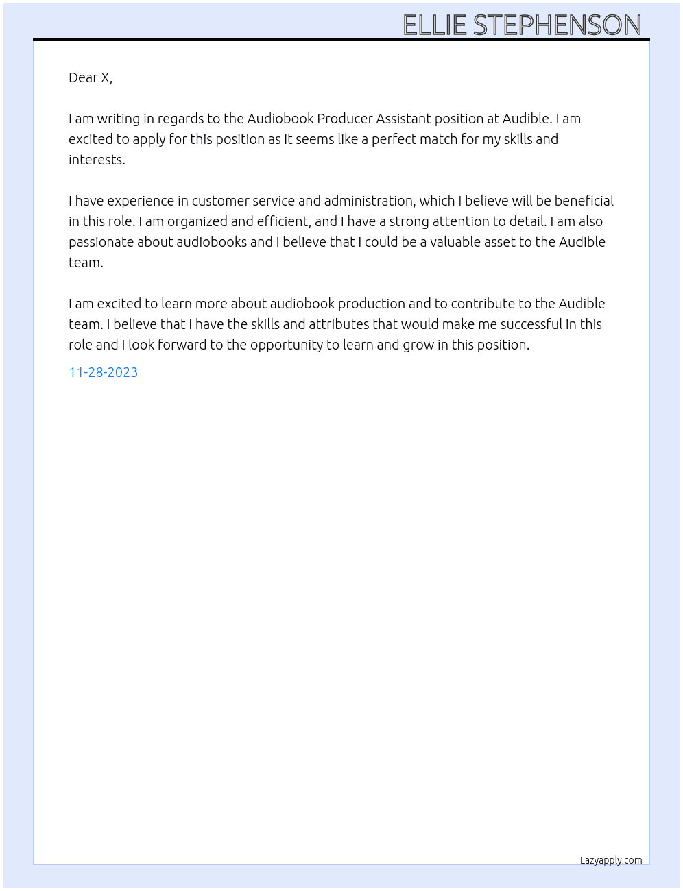 Audiobook producer assistant At audible Cover Letter