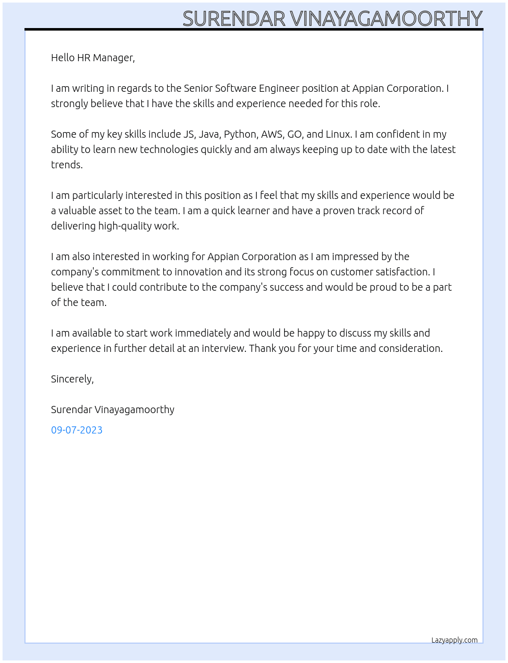 Senior Software Engineer  At Appian Corporation  Cover Letter