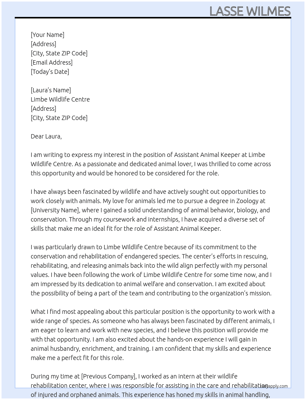 Assistant Animal Keeper At Limbe Wildlife Centre Cover Letter