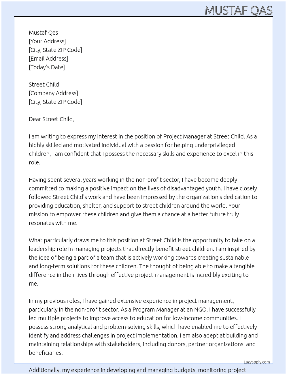 Project Manager  At Street child Cover Letter