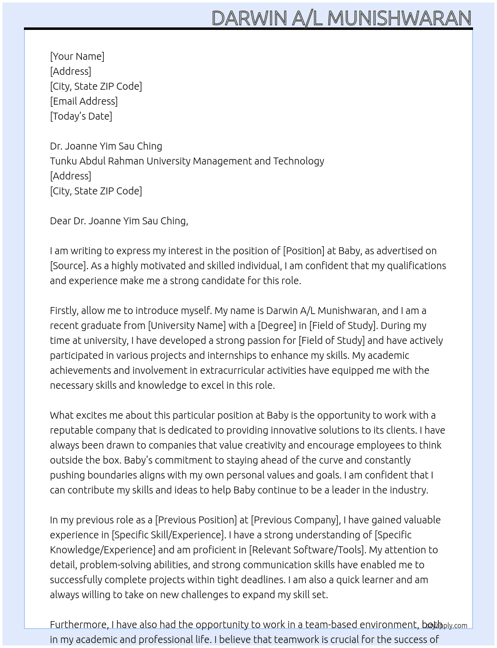 TUNKU ABDUL RAHMAN UNIVERSITY MANAGEMENT AND TECHNOLOGY At baby Cover Letter