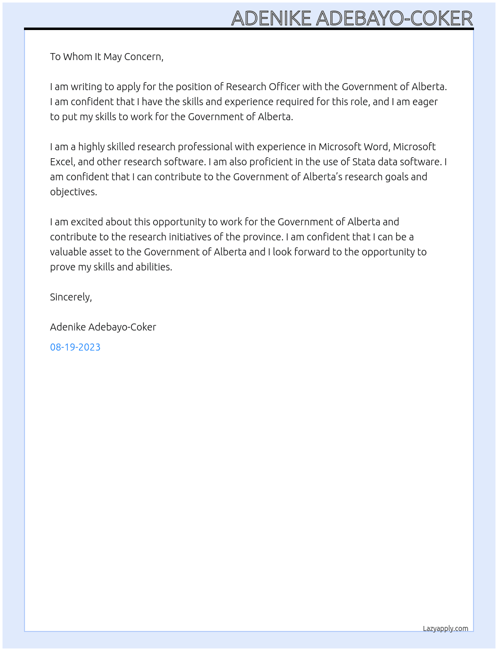 Research Officer At Government of Alberta  Cover Letter